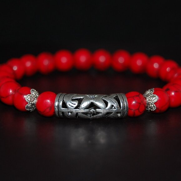 Red Howlite Bracelet,Indian Silver Color Charm,Red Bracelet - Picture 1 of 2